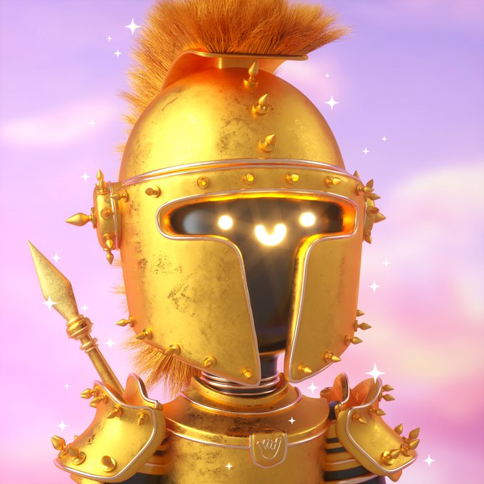 A golden knight with a spiked helmet, glowing visor forming a smiley face, and a tuft of orange hair holds a spear against a pink-purple sky, embodying the upbeat, valiant "Champion of Vibes" persona ready to clock in.