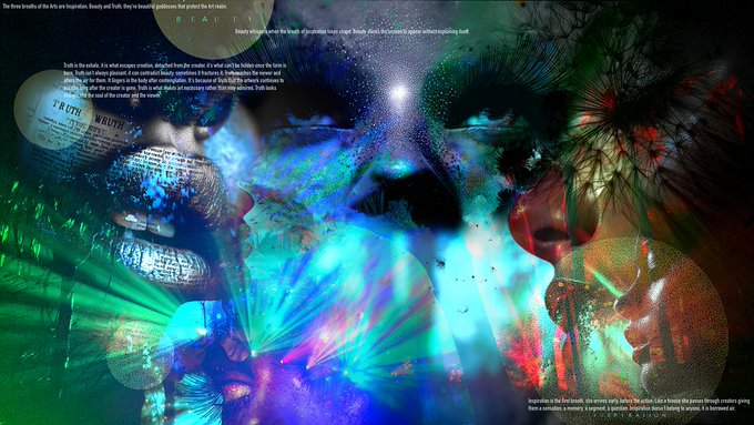 A colorful digital artwork featuring text about truth and creation, with abstract elements, planets, and human figures in blue, red, and green hues.