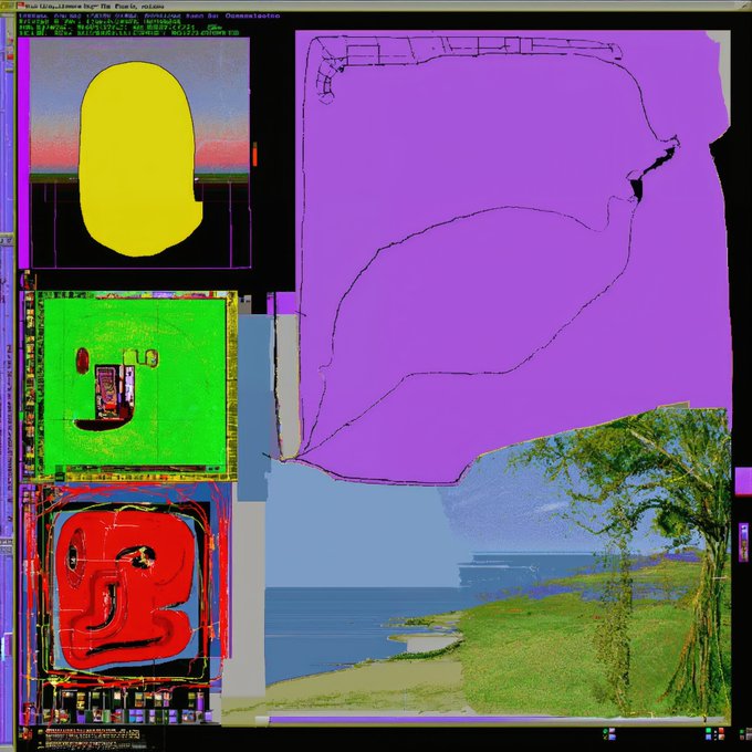 A multi-panel abstract digital composition with visible Linux terminal text, featuring a purple region, a yellow shape, green panels, and a red logo with a landscape.