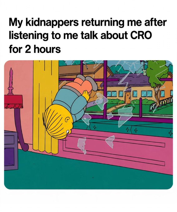 A cartoon character being thrown through a window with text reading: "My kidnappers returning me after listening to me talk about CRO for 2 hours."

The image humorously illustrates the post by exaggerating how passionately the user advocates for Crypto.com's $CRO token—suggesting their enthusiasm is so relentless it would drive even kidnappers to release them.