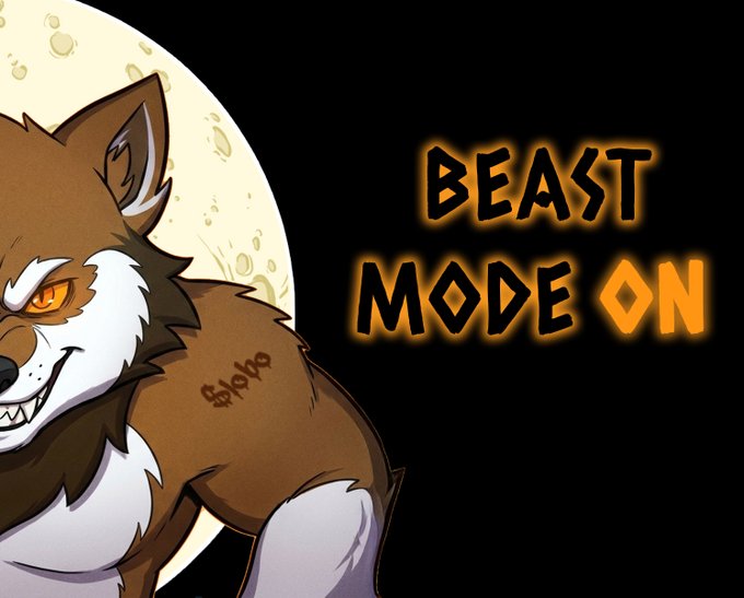 Illustration of a snarling brown wolf against a full moon with bold yellow text reading 'BEAST MODE ON'.