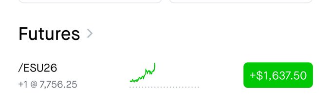A screenshot of a futures trading account showing a profitable position on /ESU26 with a +1 contract at 7,756.25, displaying an unrealized gain of +$1,637.50. The green chart and gain align with the post celebrating a first-ever futures trade with a stress-free ("no theta") experience.