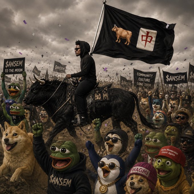 A figure on horseback carries a bull-themed flag with the "$AN" symbol while leading a crowd of Pepe, Doge, and other crypto mascot characters holding "SANSEM" and "COMMUNITY CULTURE LONG TERM" signs. The triumphant, rally-like imagery of a bullish army marching forward visually reinforces the post's message that the $ANSEM community has emerged stronger and more resilient rather than reactive following market volatility.