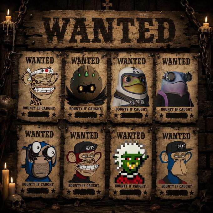 A collection of eight "WANTED" poster-style illustrations featuring Bored Ape Yacht Club NFT characters arranged in two rows on a wooden background with chains and lit candles.