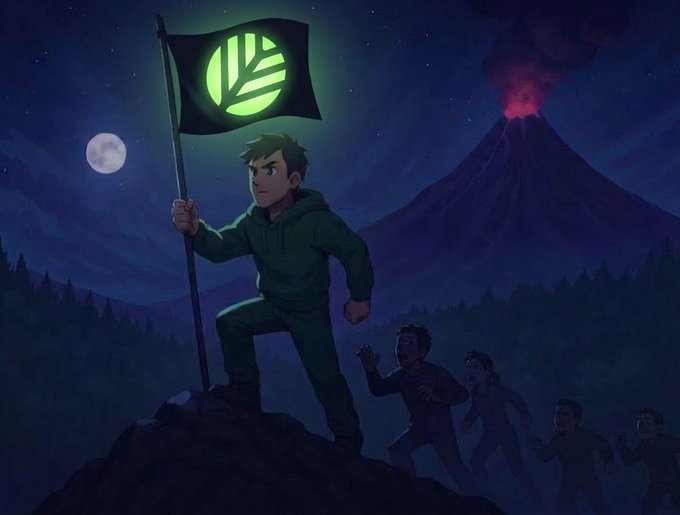 A digital illustration of a young man in a green hoodie planting a glowing green flag with a leaf emblem on a rocky peak at night, while other figures run behind him and an erupting volcano looms in the background.
