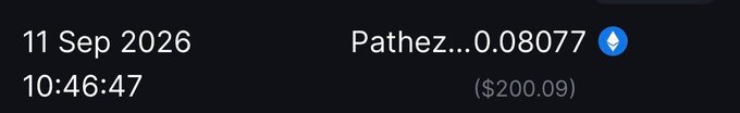 A screenshot dated 11 Sep 2026 at 10:46:47 showing a transaction of 0.08077 ETH (worth $200.09) sent to user "Pathez..." on MetaWin, confirming the $200 crypto prize win mentioned in the congratulatory post.