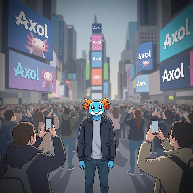 An animated illustration showing an axolotl character labeled 'Axol' standing in Times Square-like setting surrounded by a crowd filming it on phones, with multiple 'Axol' billboards in the background.