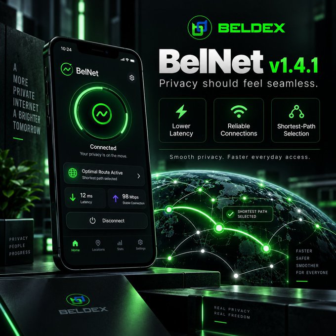 A promotional image for 'BELDEX BelNet v1.4.1' VPN app featuring a smartphone showing a 'Connected' status with optimal route active, highlighting features like Lower Latency, Reliable Connections, and Shortest-Path Selection on a futuristic green globe background.