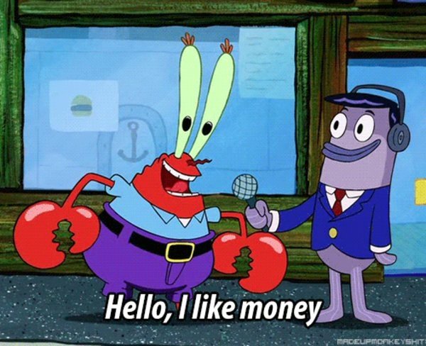 The image features two cartoon characters, a red crab and a purple-haired man with headphones around his neck. They are standing next to each other, with one character holding a microphone while the other has a microphone stand behind him. The caption below them reads "Hello, I like money". This suggests that they might be discussing or promoting financial matters in their conversation.
