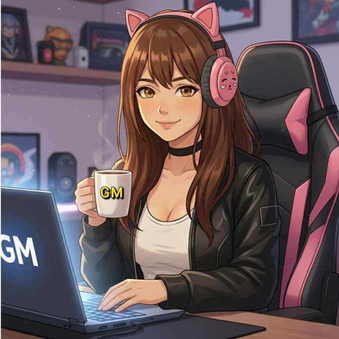 An anime-style girl with cat-ear headphones sits at a laptop labeled 'GM', smiling while holding a mug also marked 'GM'.