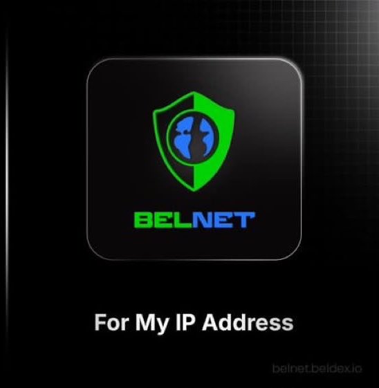 A dark promotional graphic for a VPN service featuring a green shield and globe logo with the text 'BELNET' and the caption 'For My IP Address', along with the URL 'belnet.beldex.io'.