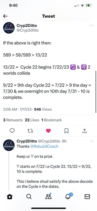 A tweet thread from @Cryp2ditto discussing numerical cycles and dates, referencing Cycle 22 beginning 7/22/23.