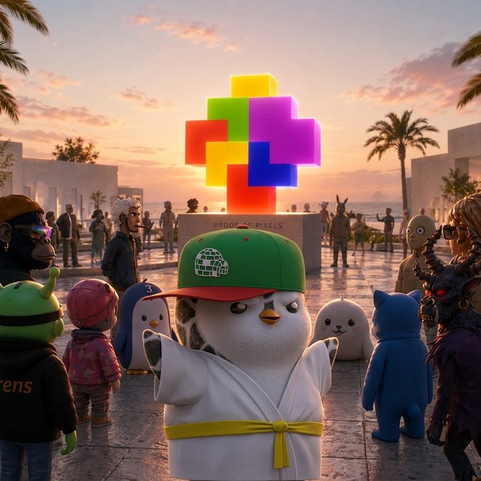 A 3D-rendered cartoon penguin wearing a green cap and white martial arts robe stands in a plaza surrounded by various avatars, with a colorful 'Proof of Pixels' sculpture in the background at sunset.