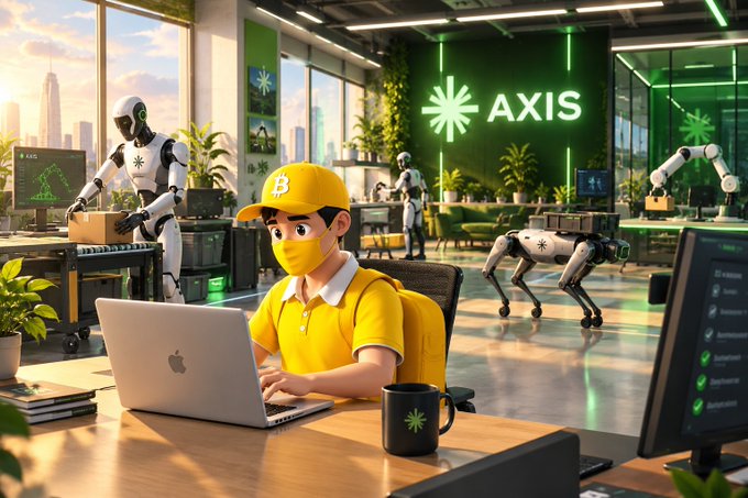 A 3D-animated scene of a delivery worker in a yellow cap and mask typing on a laptop in a modern office with 'AXIS' branding on a green wall, accompanied by humanoid and quadrupedal robots.