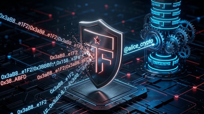 A glowing digital shield logo with a star sits on a circuit-like surface, surrounded by floating hexadecimal code and the text '@alice_crypto,' with mechanical gears in the background.