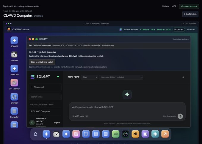 A screenshot of 'CLAWD Computer / Desktop' showing the SOLGPT application interface with 'Nematron 3 Ultra - Included' selected.