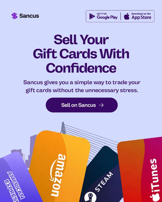 Promotional graphic for the Sancus app, featuring the text "Sell Your Gift Cards With Confidence" and images of Amazon, American Express, Steam, and iTunes gift cards.