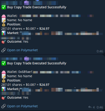Two Discord notifications confirming successful copy trade executions on Polymarket, each showing purchases of 287.01 shares at $0.087 totaling $24.97 from wallets ending in "No Name" and "0x689ae1," supporting the post's claim about profitable bot mirroring.