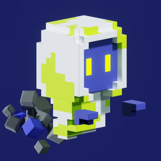 A 3D voxel-style character with a white and yellow-green camouflage pattern and blue face visor, accompanied by small dark and blue cubes floating beside it against a dark blue background.