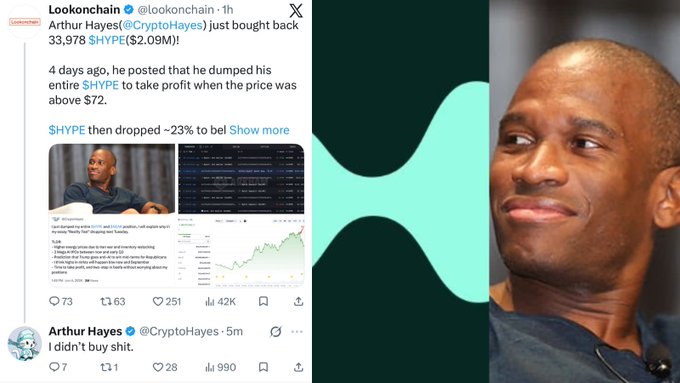 The image features a man's face with a large green arrow pointing at him, accompanied by a caption that reads "@CryptoHayes DENIES RUMOR HE BOUGHT BACK $HYPE I DON'T BUY SHIT". The caption is written in a humorous tone and includes the hashtag "#CryptoHayesDeniesRummyHeBoughtBack".