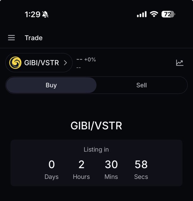 A screenshot of the GibiSwap trading platform displays the GIBI/VSTR token pair with a countdown timer showing 0 days, 2 hours, 30 minutes, and 58 seconds until its official listing, matching the post's anticipation of the launchpad event.