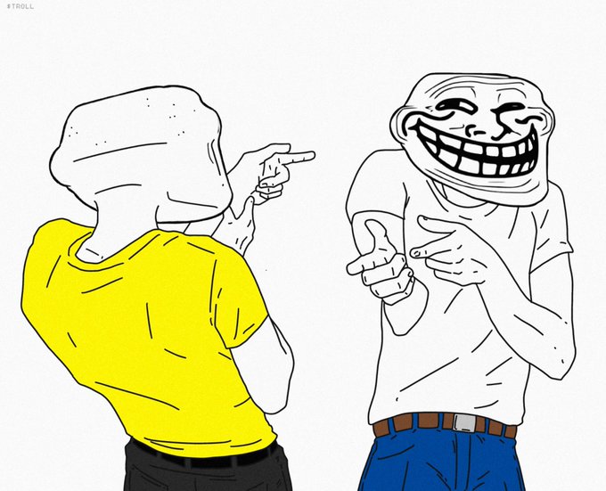 A cartoon illustration showing two figures with their backs to the viewer, one wearing a yellow shirt and pointing, and another wearing a white shirt with a Trollface meme, pointing back at him.