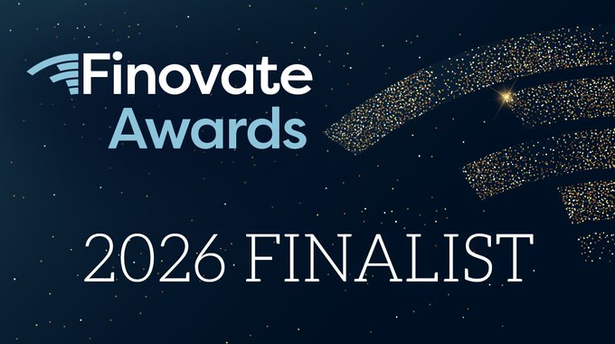 The image displays a promotional graphic for the 2026 Finovate Awards, featuring the "Finovate Awards" logo in blue and white text alongside a decorative golden starry burst design on a dark navy background, with "2026 FINALIST" prominently displayed in white serif lettering. The graphic visually celebrates Pyth's recognition as a finalist in the Best Cryptocurrency Application for Financial Institutions category at the prestigious fintech awards.