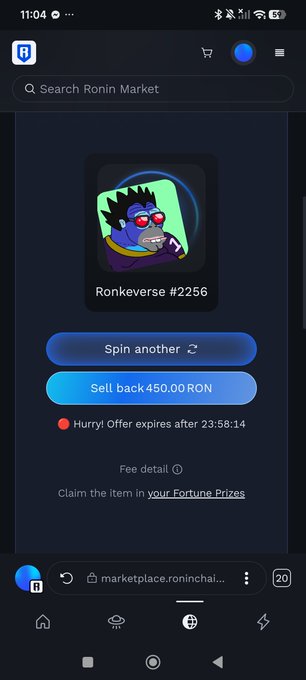 A screenshot of the Ronin Market mobile app shows a Ronkeverse #2256 NFT with options to 'Spin another' or 'Sell back 450.00 RON' with an offer expiring after 23:58:14.