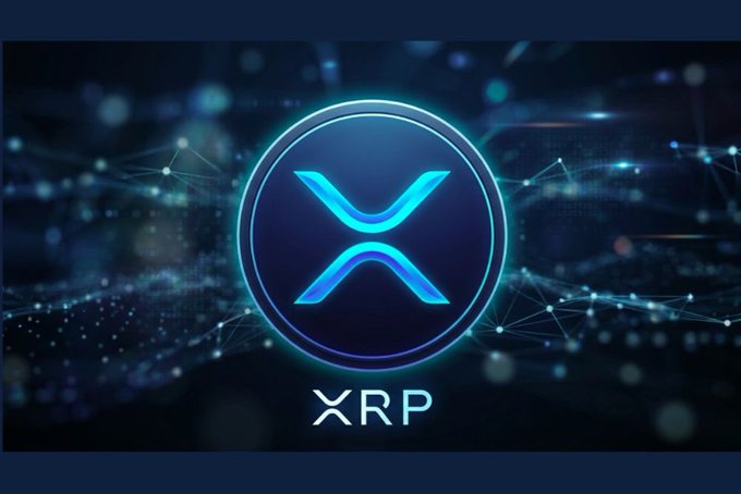 A digital graphic displaying the XRP cryptocurrency logo, a blue X symbol, against a dark, networked background.