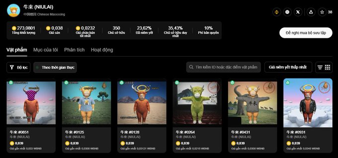 The image shows a Chinese NFT marketplace interface displaying the NIULAI (Ox 牛 NFT Bull) collection page, featuring listings priced between 0.038 and 0.039 WBNB with 10% buyer's tax and over 350 total items listed. This visually supports the post's analysis by showing the steeply lowered floor prices and increased seller listings consistent with the post-hype market cooling phase following the initial movie/token narrative peak.