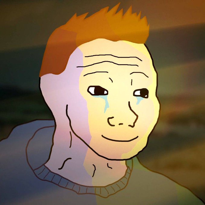 A digital drawing of a cartoon-style man with spiky orange hair crying tears of joy with a slight smile, wearing a dark sweater.