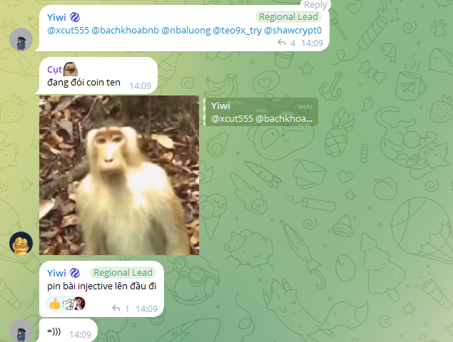 A screenshot of a Telegram group chat with a green illustrated background showing doodles of fruits, rockets, and animals, featuring messages in Vietnamese from user 'Yiiwi' about 'injectives' with a photo of a shocked-looking monkey.