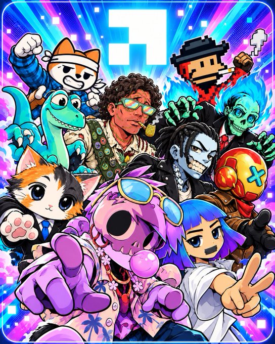 A vibrant collage of diverse cartoon and pixel-art characters—including a cat, dinosaur, surfer, skeleton, and blue-haired figure—is set against a colorful burst background with a pixelated "5" at the top, visually representing the variety of Solana NFT collections. The chaotic, meme-like assembly reinforces the post's claim that "Solana NFTs are inevitable" by showcasing the broad, energetic appeal of the ecosystem's digital art scene.