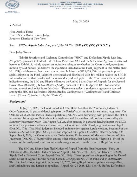 An SEC letter dated May 08, 2025, addressed to Judge Analisa Torres regarding SEC v. Ripple Labs, Inc., et al., No. 20 Civ. 10832 (AT) (SN), discussing the Parties' joint motion regarding the escrow account and civil penalty.