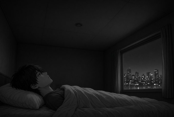 A black and white illustration of a boy lying awake in bed, gazing out a window at a lit-up city skyline at night.