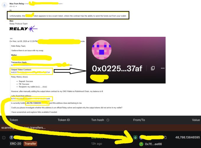 An email from Relay Protocol Team about a potential scam token, with wallet details highlighted in yellow and a token contract address 0x0225...37af shown alongside an image of a pink/purple pixelated icon.