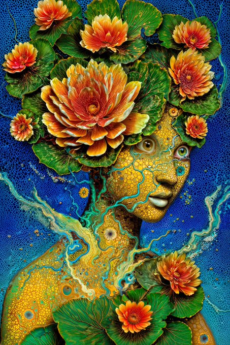 A vibrant digital painting featuring a woman with yellow textured skin surrounded by large orange flowers and green leaves against a blue background.