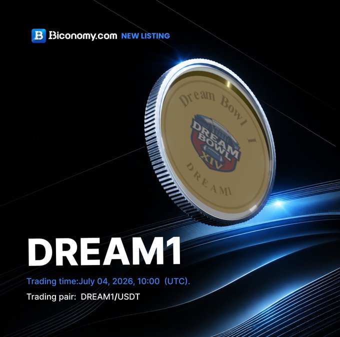Biconomy.com announces a new listing for $DREAM1, with the DREAM1/USDT trading pair launching on July 4, 2026 at 10:00 (UTC), featuring a golden commemorative coin marked "Dream Bowl XIV" and "DREAM1."