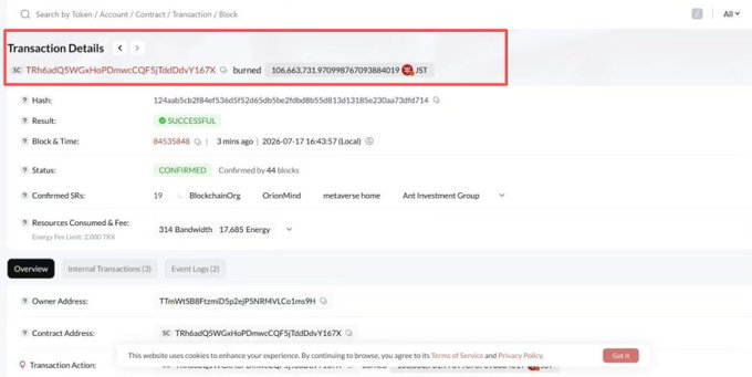 A blockchain transaction details page on TronScan showing a successful transaction with a burned token (TR7h4oQ5WGsHsiPDmecCQF5jTeiDbvY167X).