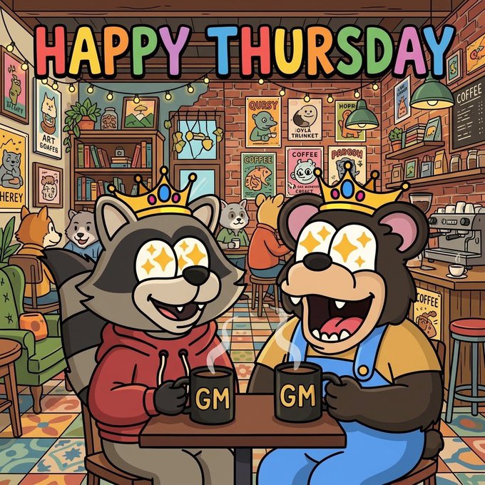 A colorful cartoon illustration celebrating 'HAPPY THURSDAY', featuring a raccoon and a bear wearing crowns and holding 'GM' coffee mugs in a busy cafe.