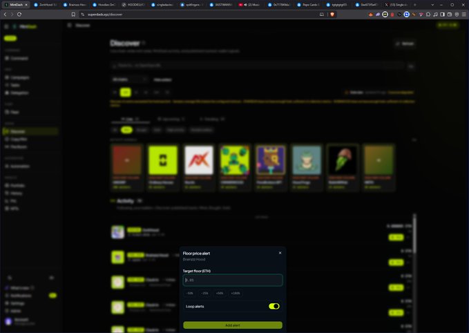 A screenshot of the superdao.app/Discover page shows a "Discover" tab with NFT collections displayed in a grid, while a pop-up window for setting "Floor price alert" appears in the foreground, showing a target floor value of 0.55 ETH for an "Emerald House" collection, with a toggle enabled for "Loop alerts" and a green "Add alert" button.