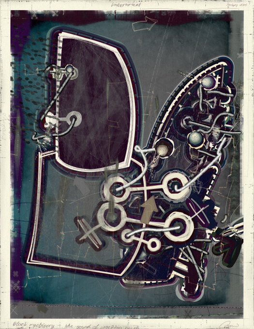 An abstract mixed-media artwork with the handwritten title 'block currency - the speed of creation' at the bottom, featuring mechanical-looking shapes and arrows on a dark teal background.
