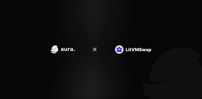 A minimalist black screen displays the logos for 'aura.' and 'LitVMswap' separated by an 'x' symbol, indicating a collaboration or partnership.