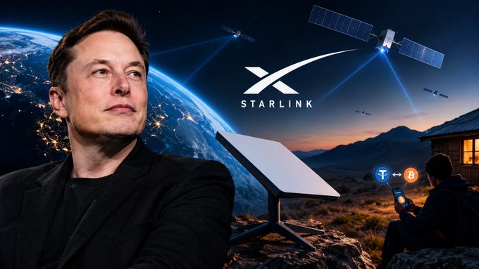 Composite image showing Elon Musk on the left with the Starlink logo, a Starlink dish, satellites in space, and Earth in the background.
