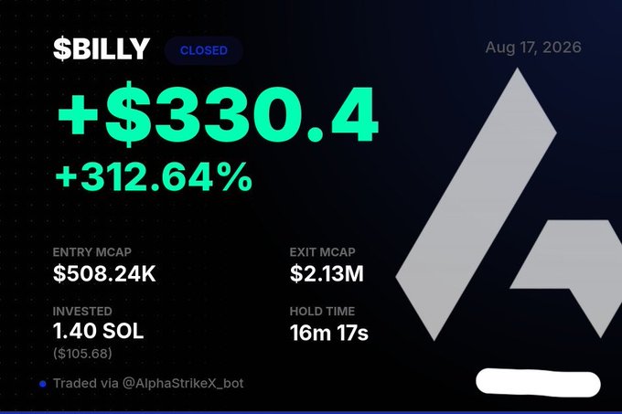 A trading results card showing a profit of +$330.4 (+312.64%) on $BILLY with an entry mcap of $508.24K and exit mcap of $2.13M, traded via @AlphaStrikeX_bot.