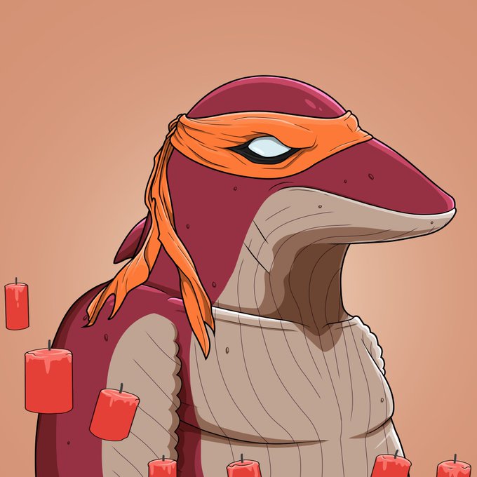 A digital illustration of a red and cream-colored anthropomorphic lizard or dinosaur character wearing an orange headband and cloth wrap, surrounded by floating lit candles.