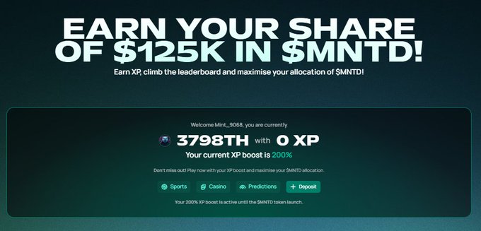 A dark-themed promotional dashboard advertising '$125K IN $MNTD!' token allocation, showing a user 'Mint_9068' ranked 3798th with a 200% XP boost offer, with options for Sports, Casino, Predictions, and Deposit.