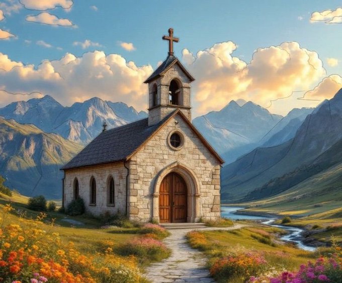 A digital painting depicts a small stone chapel with a bell tower and cross, situated in a vibrant mountain landscape with wildflowers and a stream.