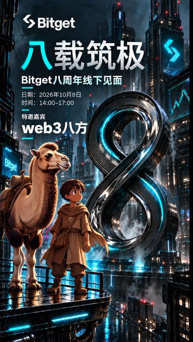 Bitget 8th anniversary promotional poster in Chinese reading '八载筑极' (Eight Years Building the Extreme), announcing an offline meetup on October 8, 2026, featuring Web3 and Crypto partnerships with an illustration of a boy and camel in a futuristic city.