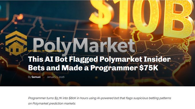 The image shows a page that displays text about the PolyMarket, which was created by a programmer named Claude AI. The programming language used here is Java, as indicated by the presence of several phrases like "in January" and "$5,700" in the text. The main focus of this image is an AI bot that can detect unusual wallet patterns, flagging them for potential suspicious activities. The post mentions a specific example from January when the PolyMarket started to move unexpectedly. The image also contains a link to the original post on the website where it was published.